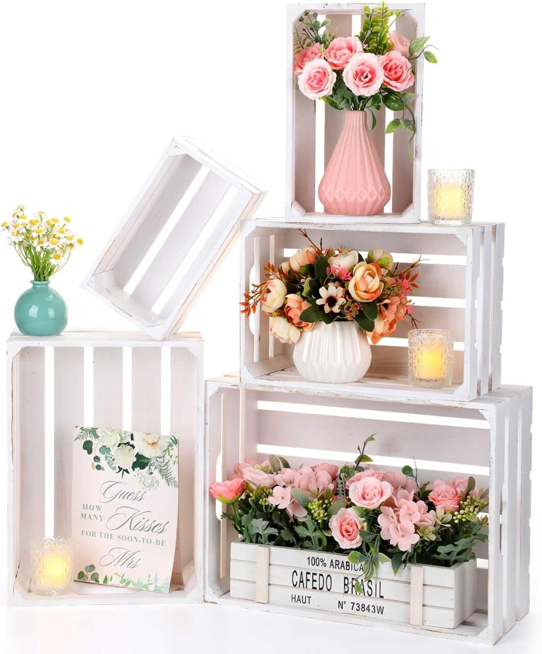 5 Pcs Decorative Nesting Wooden Crates for Storage Display 5 Size Large Small Rustic Wood Decorative Storage Crates with Handle Farmhouse Crate Box Container Made from Pine(Painted White)